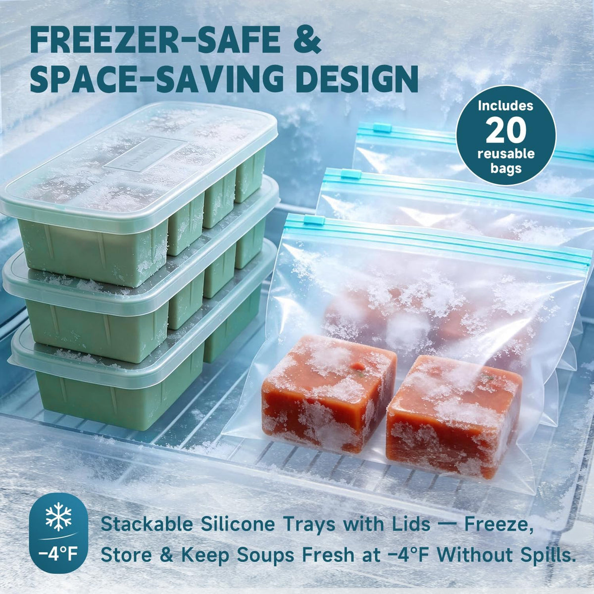 4-Pack Silicone Freezer Trays with Lid & 20 Bags - Multi-Size 1-Cup & 2-Cup Portions, Food-Grade Silicone Freezer Molds for Soup & Meal Prep - Freezer Storage Containers, Oven & Dishwasher Safe - Blue