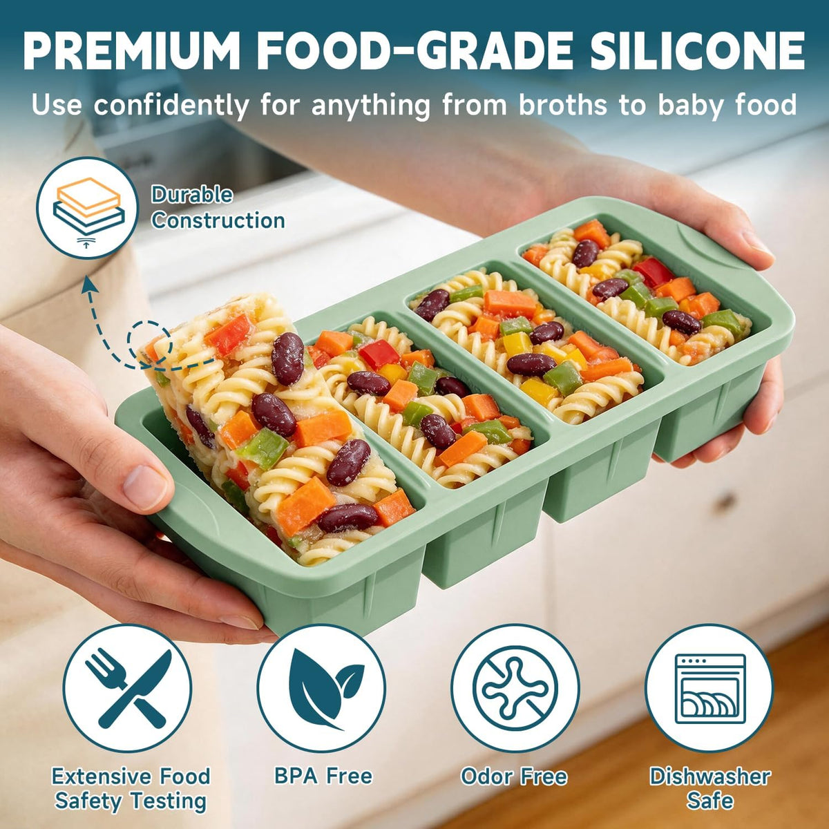 4-Pack Silicone Freezer Trays with Lid & 20 Bags - Multi-Size 1-Cup & 2-Cup Portions, Food-Grade Silicone Freezer Molds for Soup & Meal Prep - Freezer Storage Containers, Oven & Dishwasher Safe - Blue