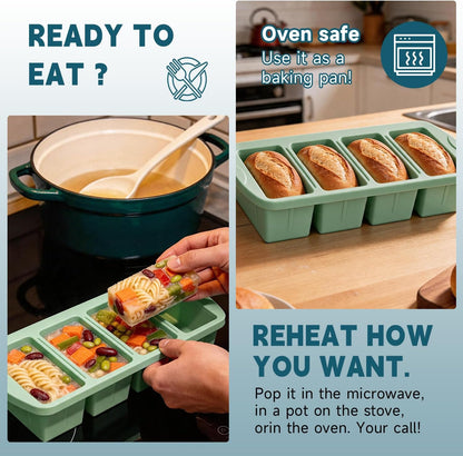 4-Pack Silicone Freezer Trays with Lid & 20 Bags - Multi-Size 1-Cup & 2-Cup Portions, Food-Grade Silicone Freezer Molds for Soup & Meal Prep - Freezer Storage Containers, Oven & Dishwasher Safe - Blue