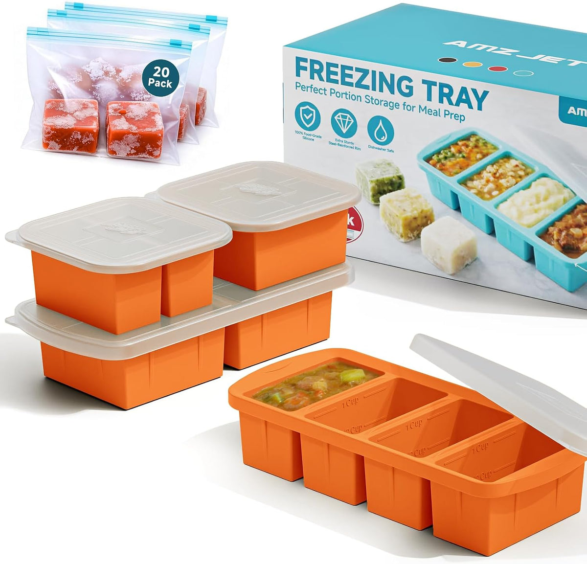 4-Pack Silicone Freezer Trays with Lid & 20 Bags - Multi-Size 1-Cup & 2-Cup Portions, Food-Grade Silicone Freezer Molds for Soup & Meal Prep - Freezer Storage Containers, Oven & Dishwasher Safe - Blue