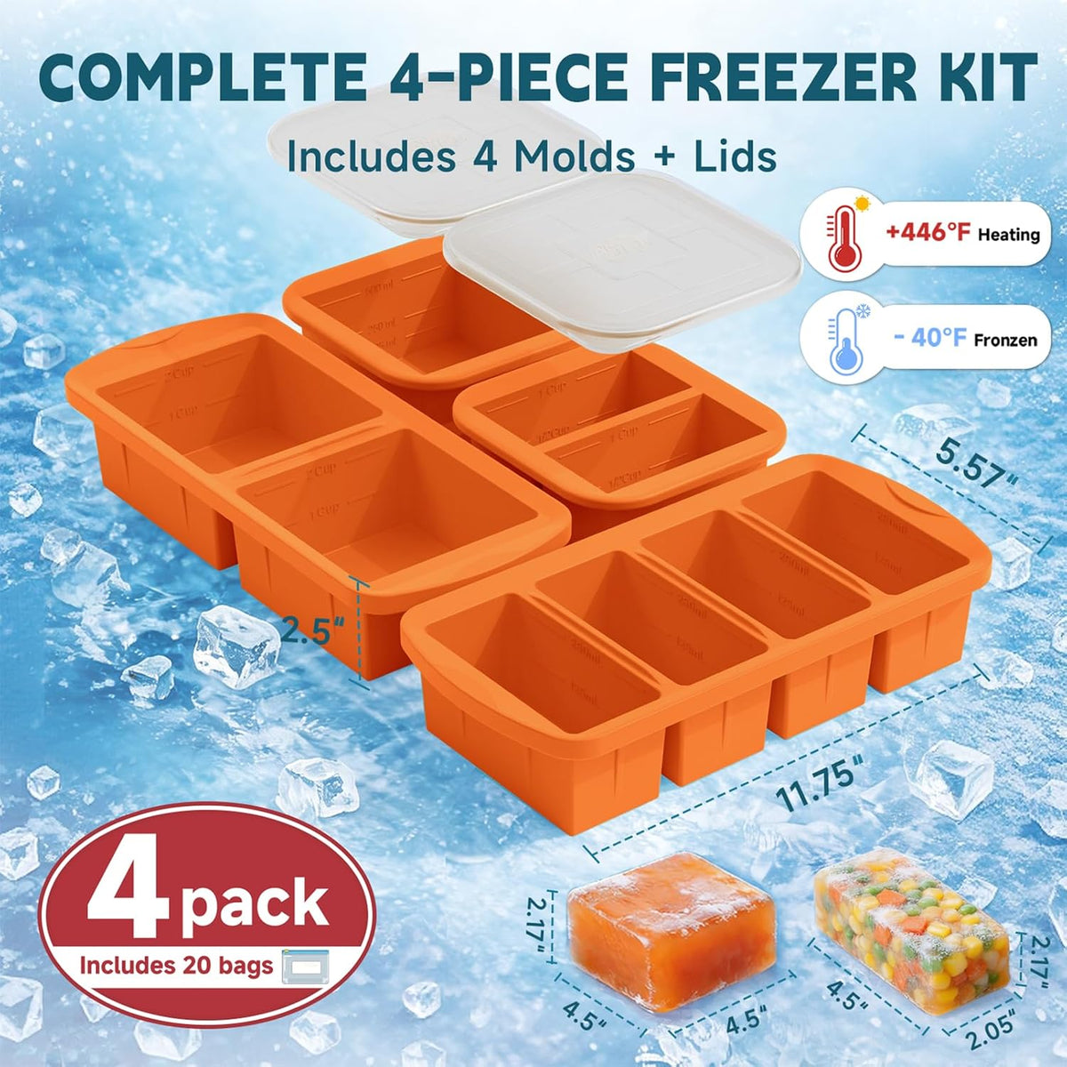 4-Pack Silicone Freezer Trays with Lid & 20 Bags - Multi-Size 1-Cup & 2-Cup Portions, Food-Grade Silicone Freezer Molds for Soup & Meal Prep - Freezer Storage Containers, Oven & Dishwasher Safe - Blue