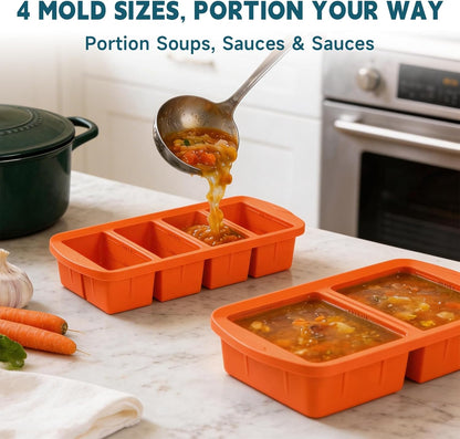 4-Pack Silicone Freezer Trays with Lid & 20 Bags - Multi-Size 1-Cup & 2-Cup Portions, Food-Grade Silicone Freezer Molds for Soup & Meal Prep - Freezer Storage Containers, Oven & Dishwasher Safe - Blue