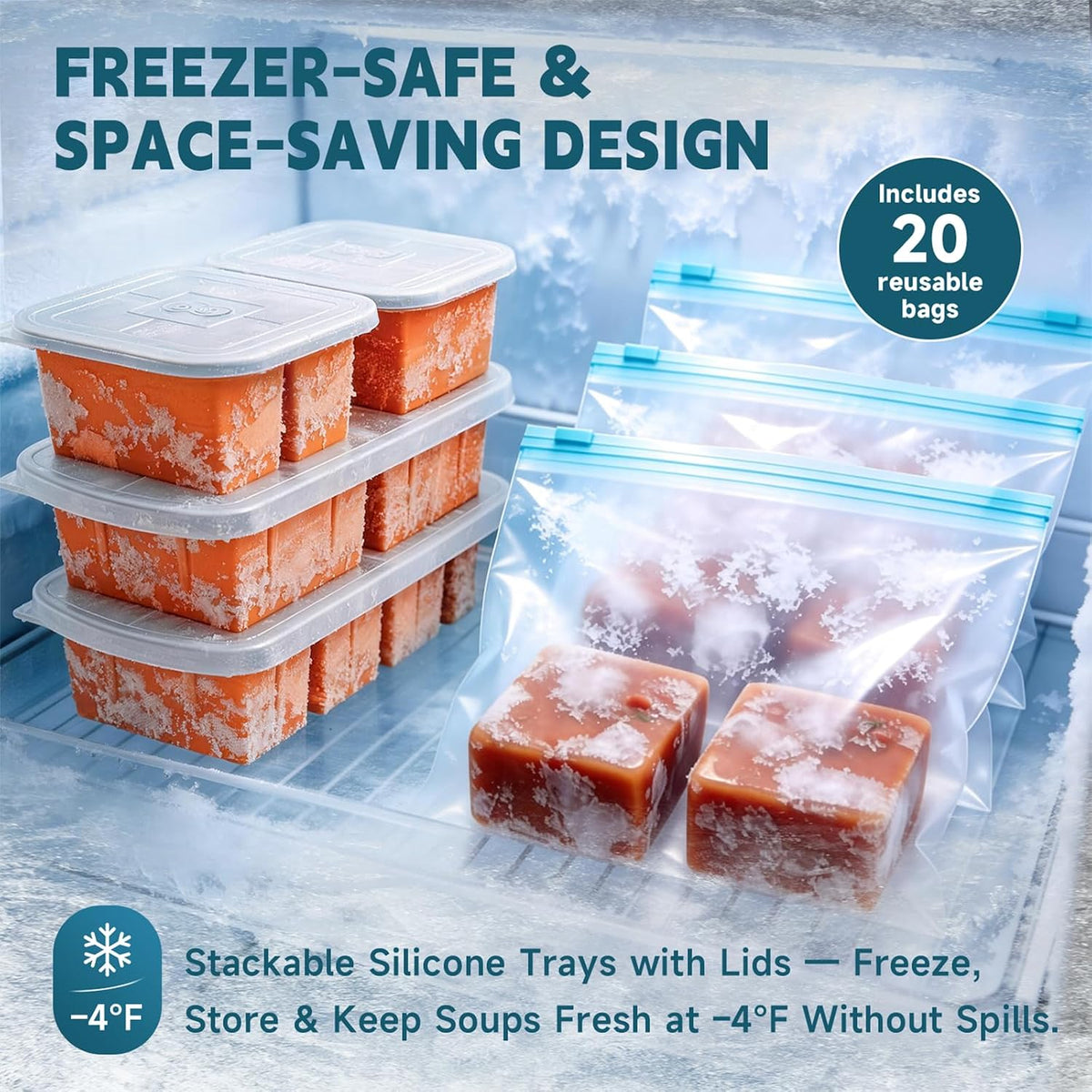 4-Pack Silicone Freezer Trays with Lid & 20 Bags - Multi-Size 1-Cup & 2-Cup Portions, Food-Grade Silicone Freezer Molds for Soup & Meal Prep - Freezer Storage Containers, Oven & Dishwasher Safe - Blue