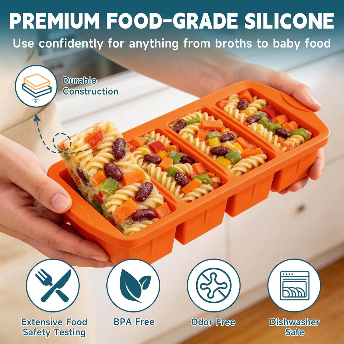 4-Pack Silicone Freezer Trays with Lid & 20 Bags - Multi-Size 1-Cup & 2-Cup Portions, Food-Grade Silicone Freezer Molds for Soup & Meal Prep - Freezer Storage Containers, Oven & Dishwasher Safe - Blue