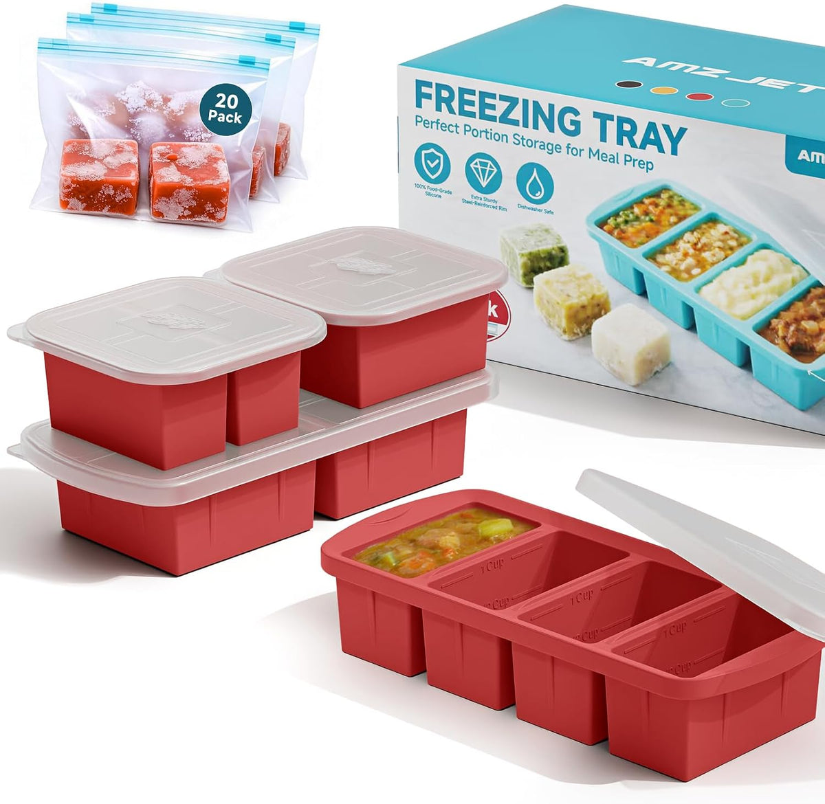 4-Pack Silicone Freezer Trays with Lid & 20 Bags - Multi-Size 1-Cup & 2-Cup Portions, Food-Grade Silicone Freezer Molds for Soup & Meal Prep - Freezer Storage Containers, Oven & Dishwasher Safe - Blue