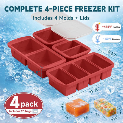 4-Pack Silicone Freezer Trays with Lid & 20 Bags - Multi-Size 1-Cup & 2-Cup Portions, Food-Grade Silicone Freezer Molds for Soup & Meal Prep - Freezer Storage Containers, Oven & Dishwasher Safe - Blue