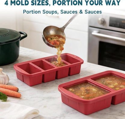 4-Pack Silicone Freezer Trays with Lid & 20 Bags - Multi-Size 1-Cup & 2-Cup Portions, Food-Grade Silicone Freezer Molds for Soup & Meal Prep - Freezer Storage Containers, Oven & Dishwasher Safe - Blue