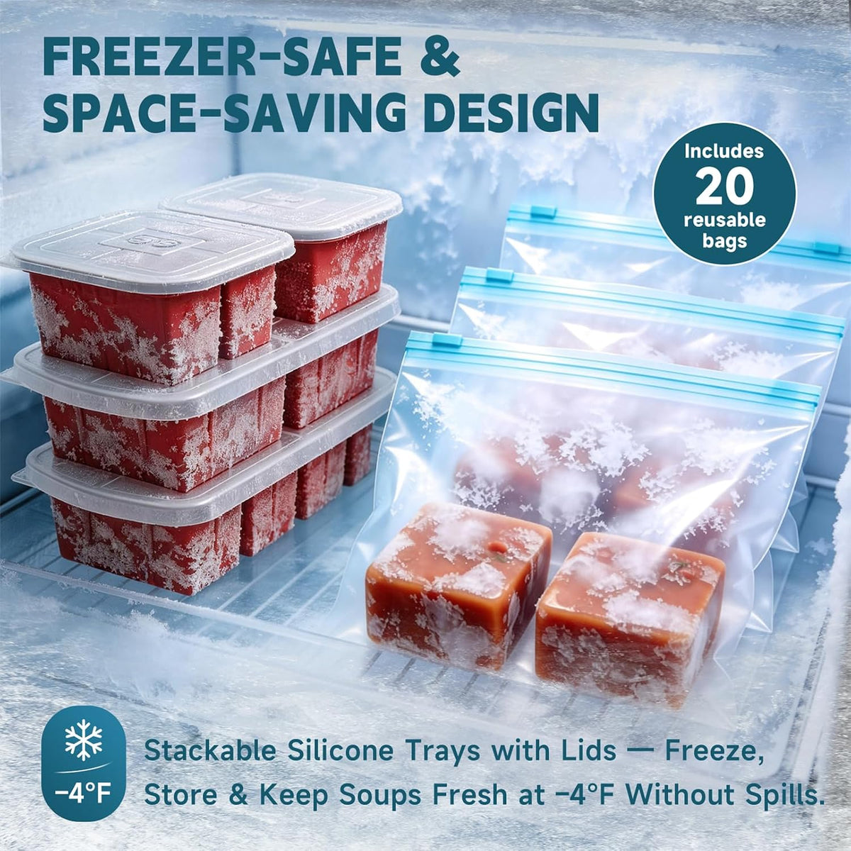 4-Pack Silicone Freezer Trays with Lid & 20 Bags - Multi-Size 1-Cup & 2-Cup Portions, Food-Grade Silicone Freezer Molds for Soup & Meal Prep - Freezer Storage Containers, Oven & Dishwasher Safe - Blue