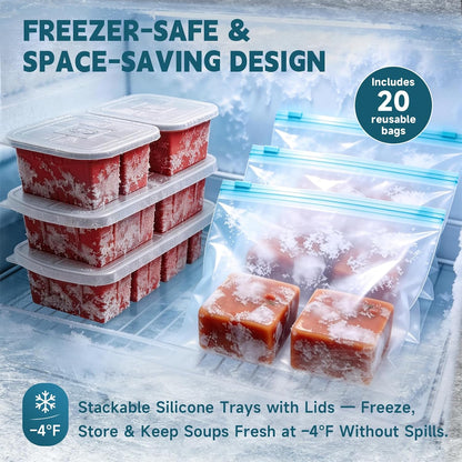 4-Pack Silicone Freezer Trays with Lid & 20 Bags - Multi-Size 1-Cup & 2-Cup Portions, Food-Grade Silicone Freezer Molds for Soup & Meal Prep - Freezer Storage Containers, Oven & Dishwasher Safe - Blue