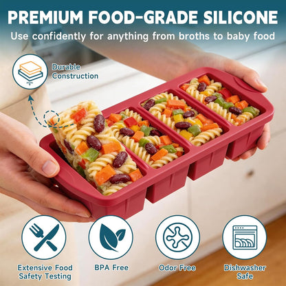 4-Pack Silicone Freezer Trays with Lid & 20 Bags - Multi-Size 1-Cup & 2-Cup Portions, Food-Grade Silicone Freezer Molds for Soup & Meal Prep - Freezer Storage Containers, Oven & Dishwasher Safe - Blue
