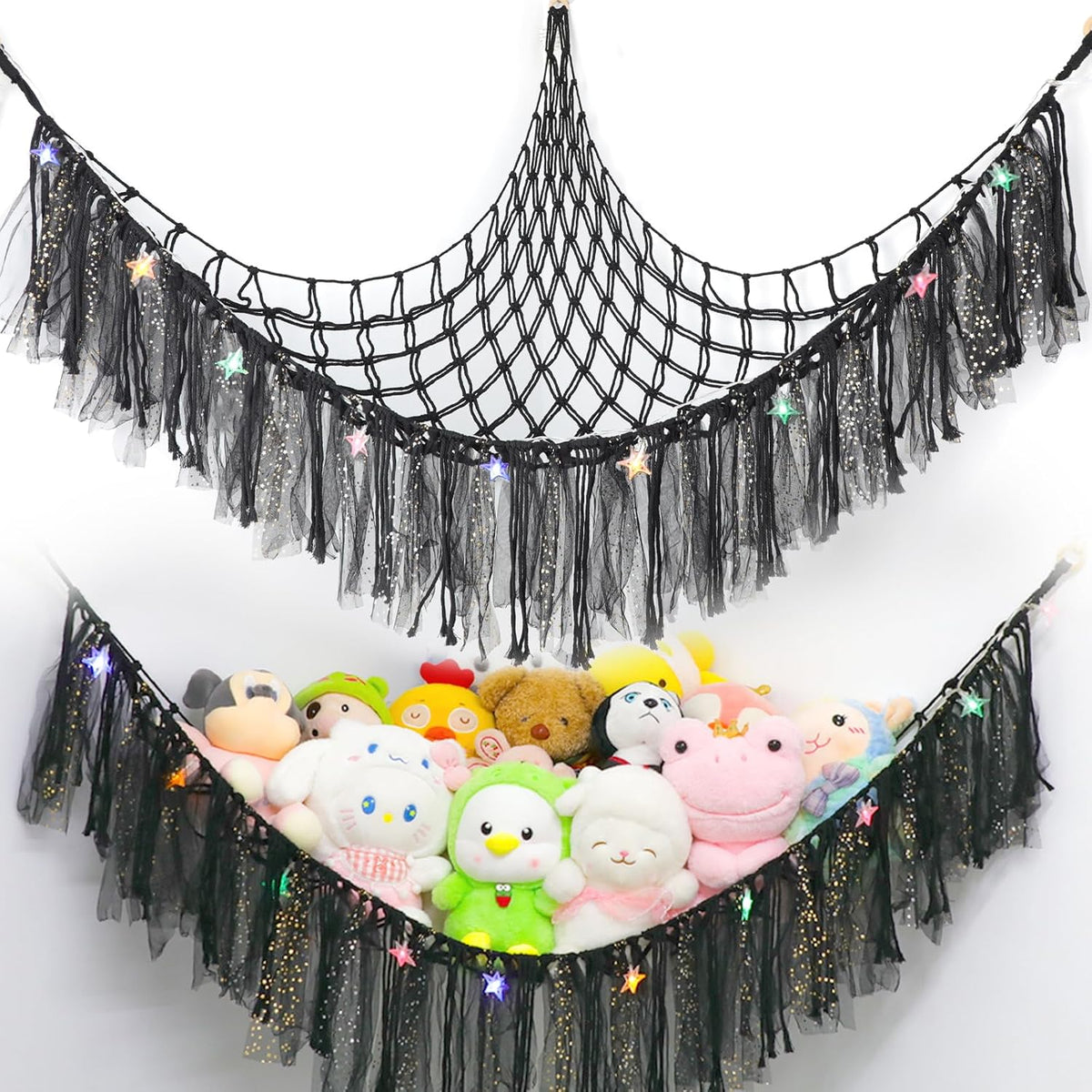 Stuffed Animal Hammock with LED Lights - 59 Inch Large Toy Storage Net for Kids Bedroom, Wall-Mounted Plush Organizer with Wooden Rings, Nursery Decor (Handwoven, Blue)
