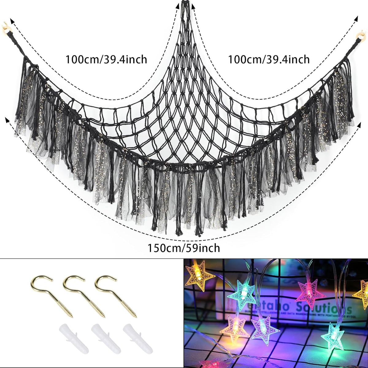 Stuffed Animal Hammock with LED Lights - 59 Inch Large Toy Storage Net for Kids Bedroom, Wall-Mounted Plush Organizer with Wooden Rings, Nursery Decor (Handwoven, Blue)