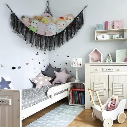 Stuffed Animal Hammock with LED Lights - 59 Inch Large Toy Storage Net for Kids Bedroom, Wall-Mounted Plush Organizer with Wooden Rings, Nursery Decor (Handwoven, Blue)