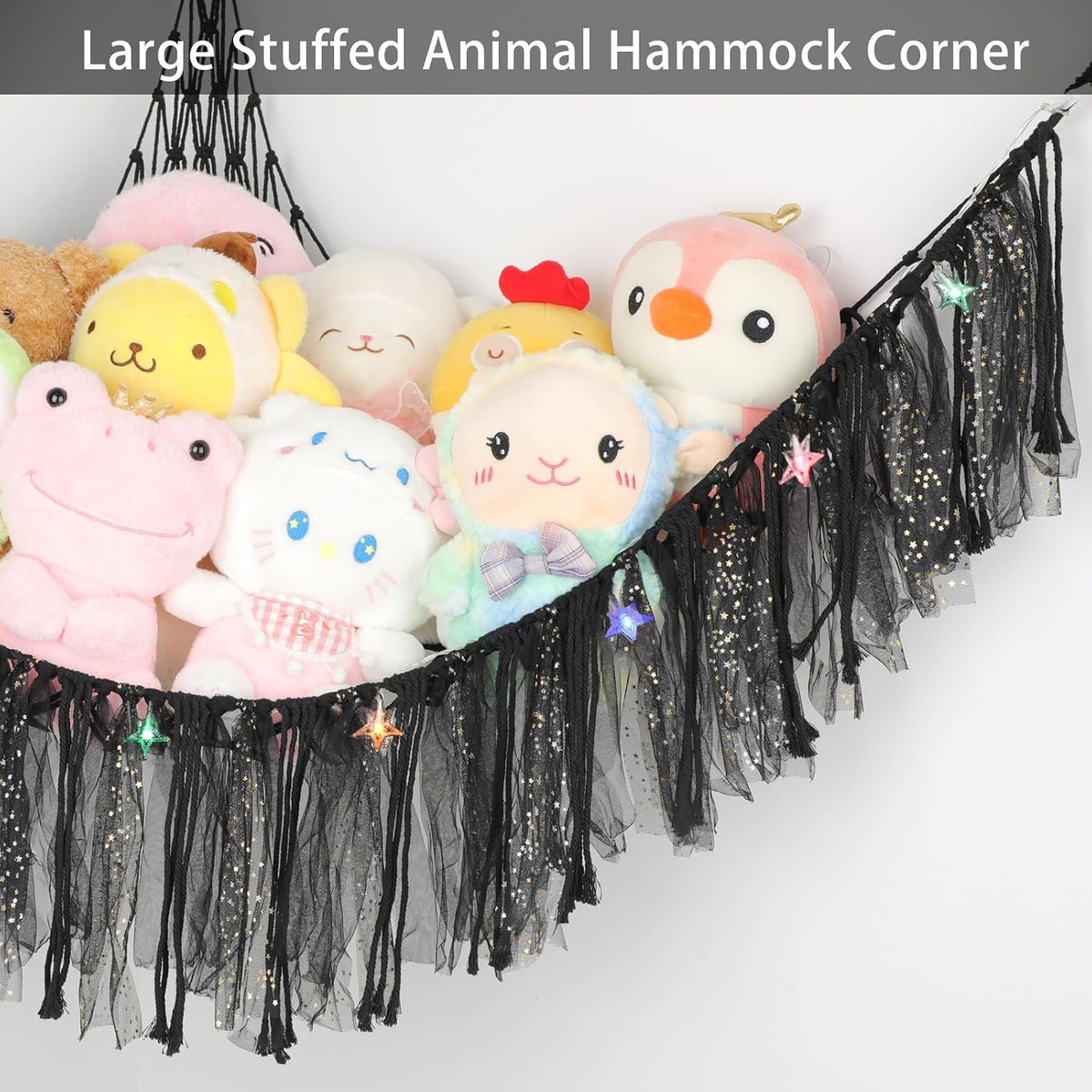 Stuffed Animal Hammock with LED Lights - 59 Inch Large Toy Storage Net for Kids Bedroom, Wall-Mounted Plush Organizer with Wooden Rings, Nursery Decor (Handwoven, Blue)