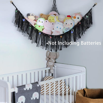 Stuffed Animal Hammock with LED Lights - 59 Inch Large Toy Storage Net for Kids Bedroom, Wall-Mounted Plush Organizer with Wooden Rings, Nursery Decor (Handwoven, Blue)