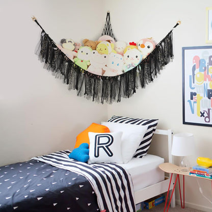 Stuffed Animal Hammock with LED Lights - 59 Inch Large Toy Storage Net for Kids Bedroom, Wall-Mounted Plush Organizer with Wooden Rings, Nursery Decor (Handwoven, Blue)