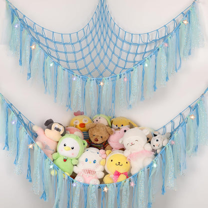 Stuffed Animal Hammock with LED Lights - 59 Inch Large Toy Storage Net for Kids Bedroom, Wall-Mounted Plush Organizer with Wooden Rings, Nursery Decor (Handwoven, Blue)