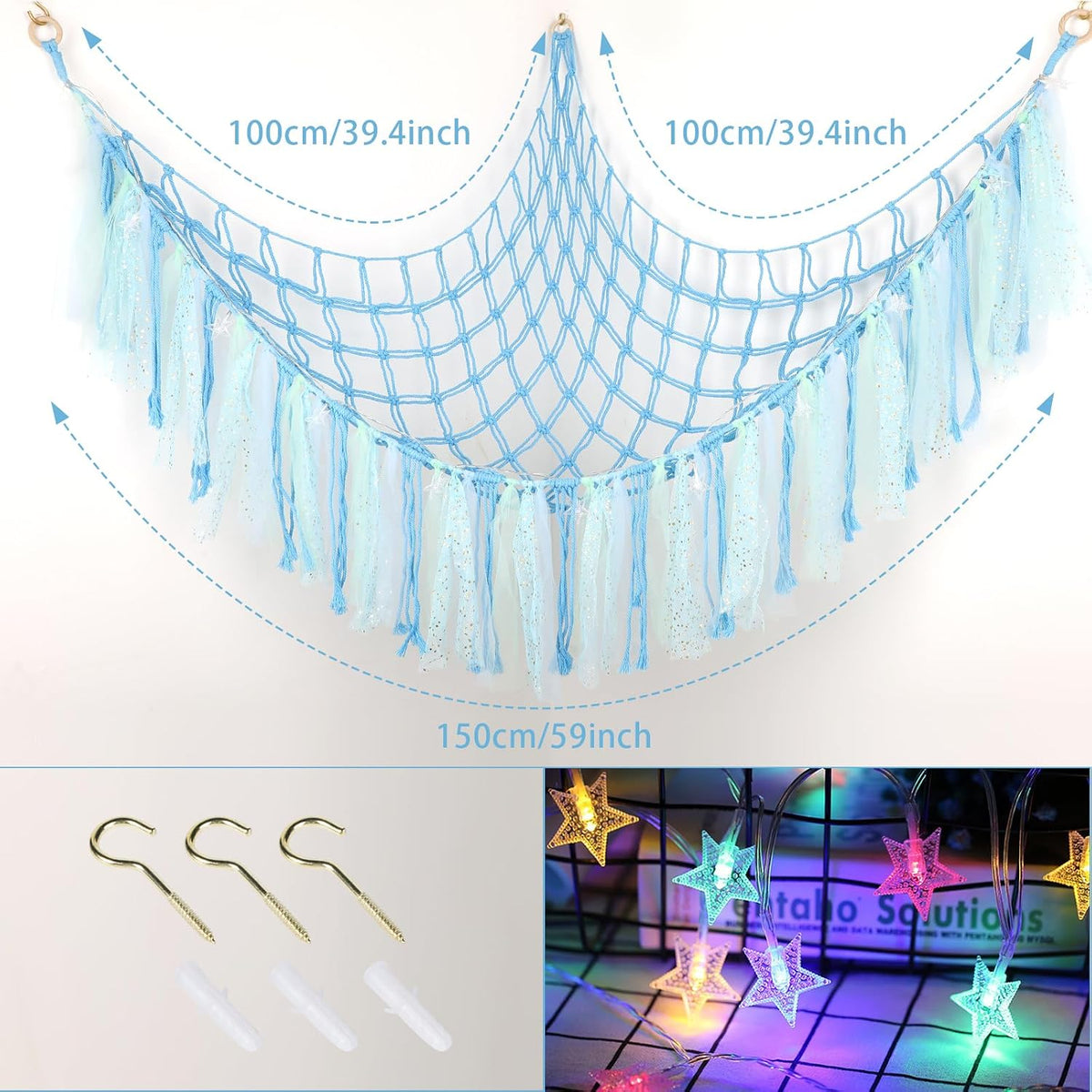 Stuffed Animal Hammock with LED Lights - 59 Inch Large Toy Storage Net for Kids Bedroom, Wall-Mounted Plush Organizer with Wooden Rings, Nursery Decor (Handwoven, Blue)