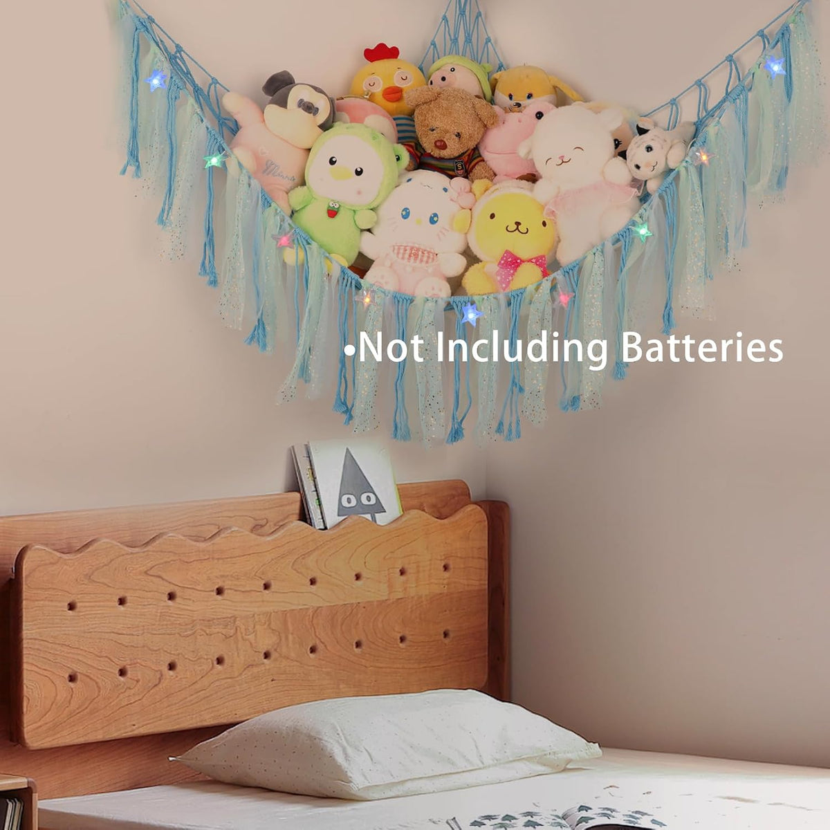 Stuffed Animal Hammock with LED Lights - 59 Inch Large Toy Storage Net for Kids Bedroom, Wall-Mounted Plush Organizer with Wooden Rings, Nursery Decor (Handwoven, Blue)