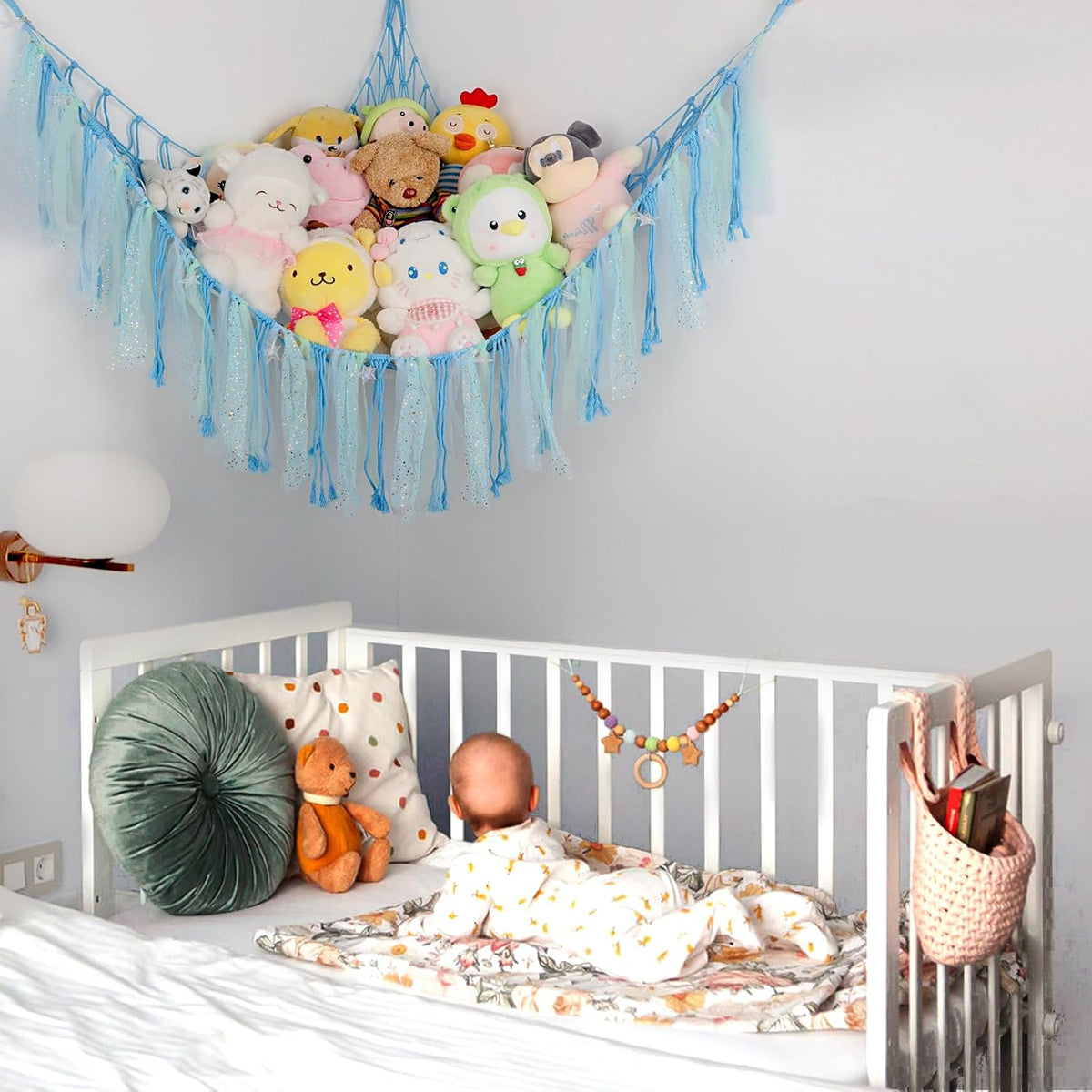 Stuffed Animal Hammock with LED Lights - 59 Inch Large Toy Storage Net for Kids Bedroom, Wall-Mounted Plush Organizer with Wooden Rings, Nursery Decor (Handwoven, Blue)