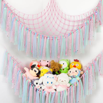 Stuffed Animal Hammock with LED Lights - 59 Inch Large Toy Storage Net for Kids Bedroom, Wall-Mounted Plush Organizer with Wooden Rings, Nursery Decor (Handwoven, Blue)