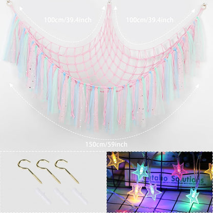 Stuffed Animal Hammock with LED Lights - 59 Inch Large Toy Storage Net for Kids Bedroom, Wall-Mounted Plush Organizer with Wooden Rings, Nursery Decor (Handwoven, Blue)