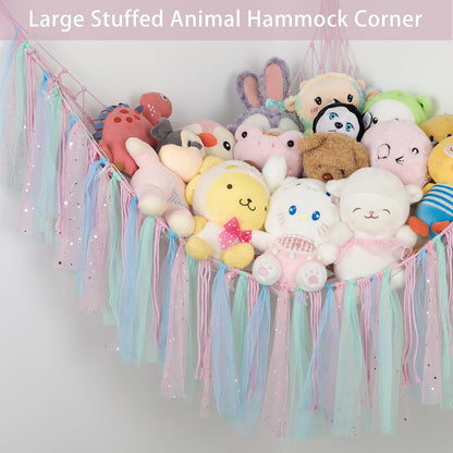 Stuffed Animal Hammock with LED Lights - 59 Inch Large Toy Storage Net for Kids Bedroom, Wall-Mounted Plush Organizer with Wooden Rings, Nursery Decor (Handwoven, Blue)