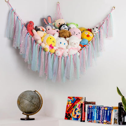 Stuffed Animal Hammock with LED Lights - 59 Inch Large Toy Storage Net for Kids Bedroom, Wall-Mounted Plush Organizer with Wooden Rings, Nursery Decor (Handwoven, Blue)