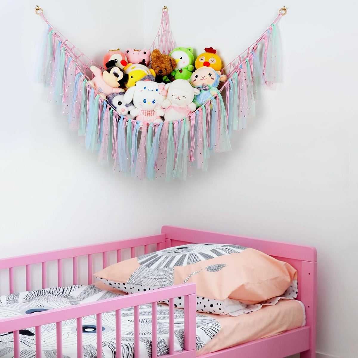 Stuffed Animal Hammock with LED Lights - 59 Inch Large Toy Storage Net for Kids Bedroom, Wall-Mounted Plush Organizer with Wooden Rings, Nursery Decor (Handwoven, Blue)