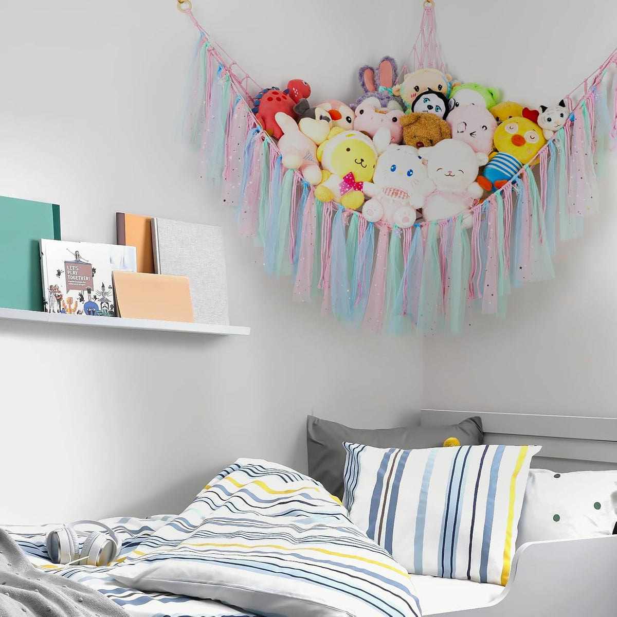 Stuffed Animal Hammock with LED Lights - 59 Inch Large Toy Storage Net for Kids Bedroom, Wall-Mounted Plush Organizer with Wooden Rings, Nursery Decor (Handwoven, Blue)