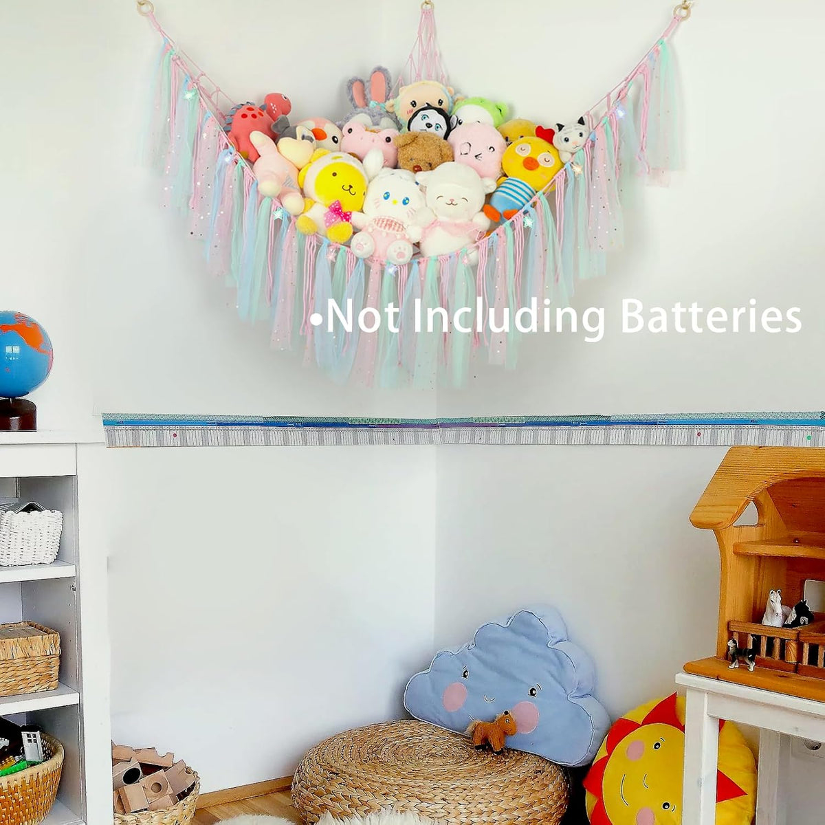 Stuffed Animal Hammock with LED Lights - 59 Inch Large Toy Storage Net for Kids Bedroom, Wall-Mounted Plush Organizer with Wooden Rings, Nursery Decor (Handwoven, Blue)