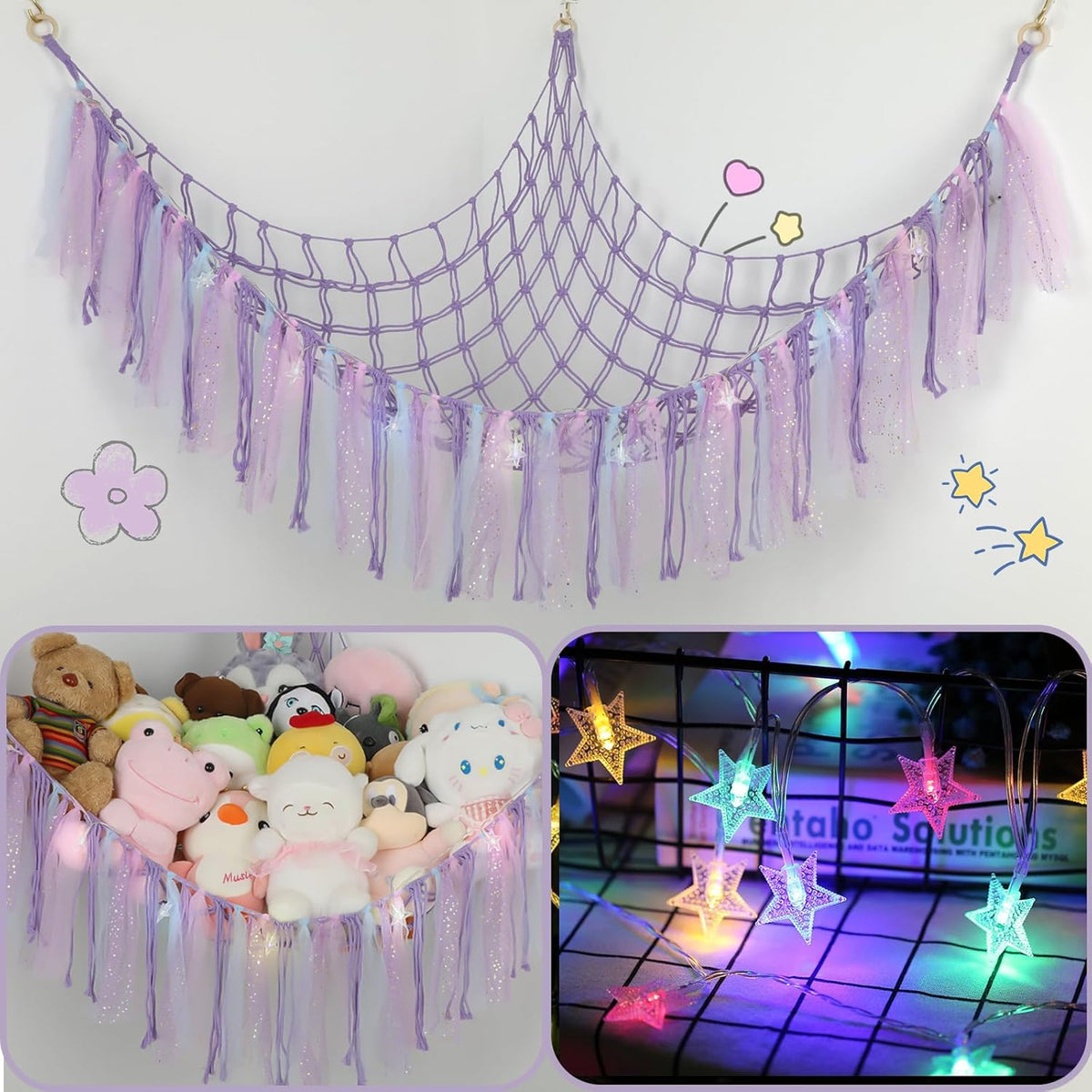 Stuffed Animal Hammock with LED Lights - 59 Inch Large Toy Storage Net for Kids Bedroom, Wall-Mounted Plush Organizer with Wooden Rings, Nursery Decor (Handwoven, Blue)