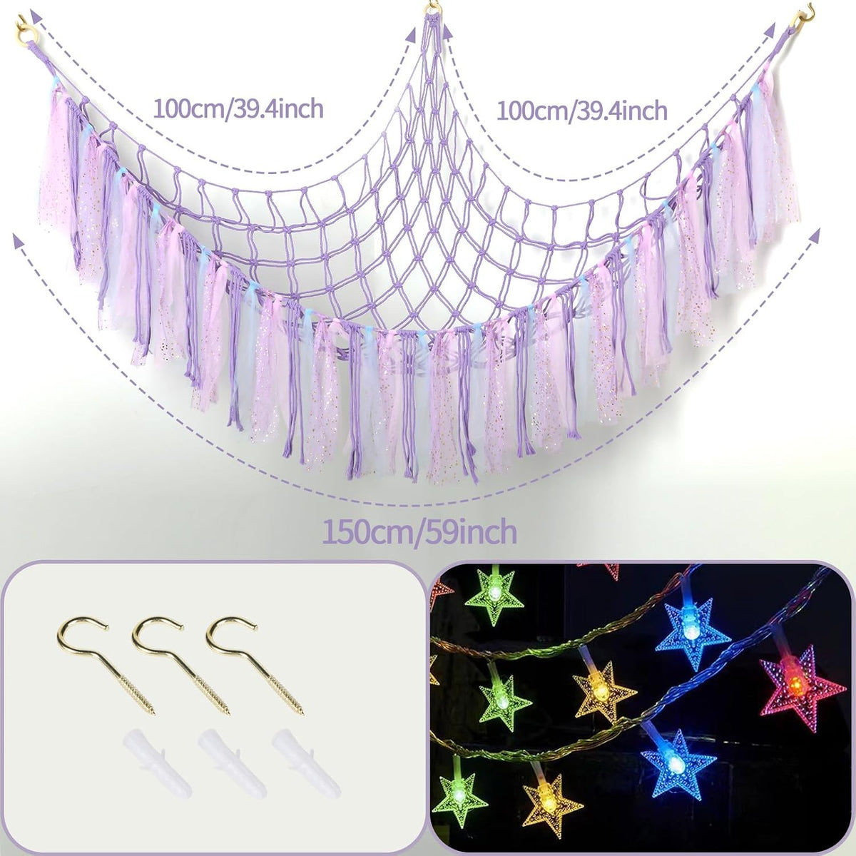 Stuffed Animal Hammock with LED Lights - 59 Inch Large Toy Storage Net for Kids Bedroom, Wall-Mounted Plush Organizer with Wooden Rings, Nursery Decor (Handwoven, Blue)