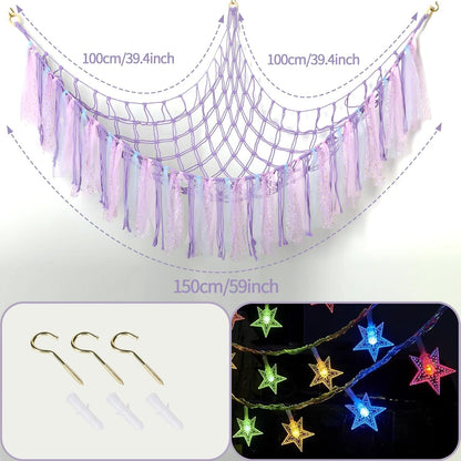 Stuffed Animal Hammock with LED Lights - 59 Inch Large Toy Storage Net for Kids Bedroom, Wall-Mounted Plush Organizer with Wooden Rings, Nursery Decor (Handwoven, Blue)