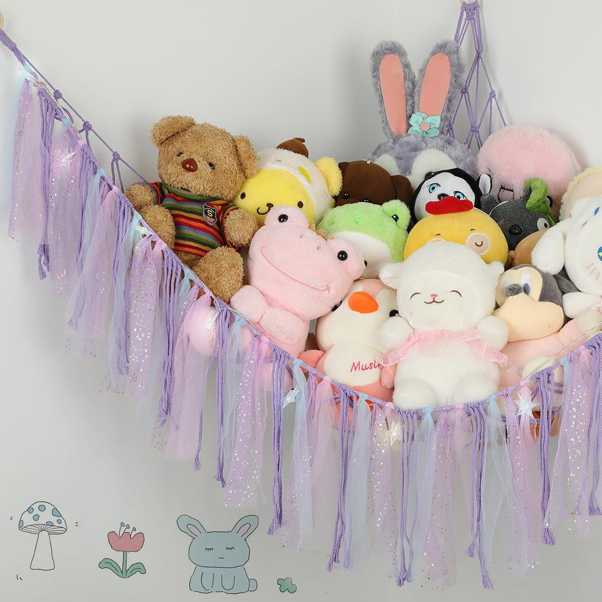Stuffed Animal Hammock with LED Lights - 59 Inch Large Toy Storage Net for Kids Bedroom, Wall-Mounted Plush Organizer with Wooden Rings, Nursery Decor (Handwoven, Blue)