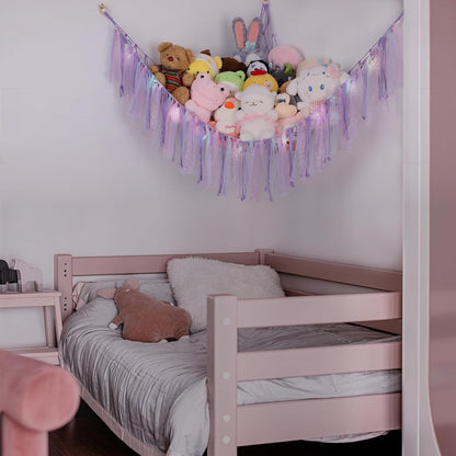 Stuffed Animal Hammock with LED Lights - 59 Inch Large Toy Storage Net for Kids Bedroom, Wall-Mounted Plush Organizer with Wooden Rings, Nursery Decor (Handwoven, Blue)