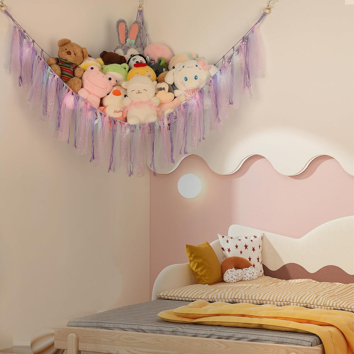 Stuffed Animal Hammock with LED Lights - 59 Inch Large Toy Storage Net for Kids Bedroom, Wall-Mounted Plush Organizer with Wooden Rings, Nursery Decor (Handwoven, Blue)