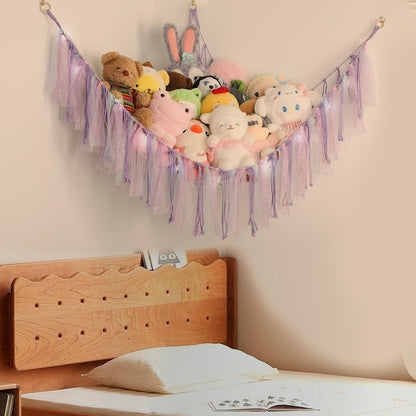 Stuffed Animal Hammock with LED Lights - 59 Inch Large Toy Storage Net for Kids Bedroom, Wall-Mounted Plush Organizer with Wooden Rings, Nursery Decor (Handwoven, Blue)
