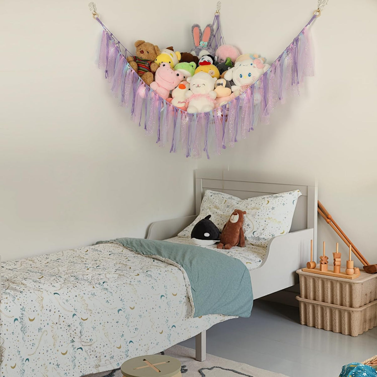 Stuffed Animal Hammock with LED Lights - 59 Inch Large Toy Storage Net for Kids Bedroom, Wall-Mounted Plush Organizer with Wooden Rings, Nursery Decor (Handwoven, Blue)