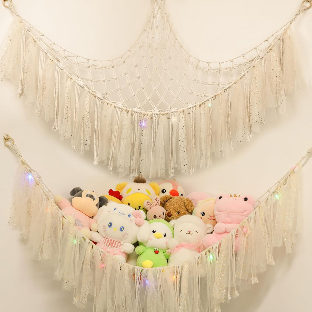 Stuffed Animal Hammock with LED Lights - 59 Inch Large Toy Storage Net for Kids Bedroom, Wall-Mounted Plush Organizer with Wooden Rings, Nursery Decor (Handwoven, Blue)