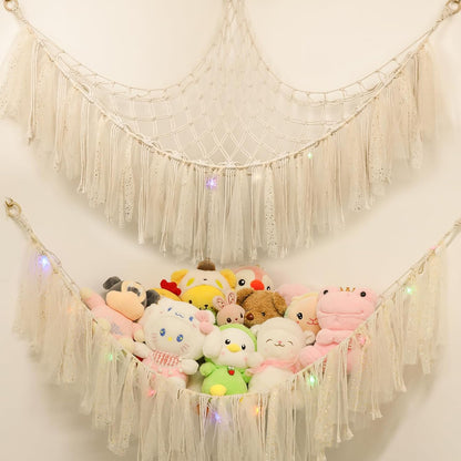Stuffed Animal Hammock with LED Lights - 59 Inch Large Toy Storage Net for Kids Bedroom, Wall-Mounted Plush Organizer with Wooden Rings, Nursery Decor (Handwoven, Blue)