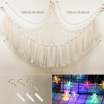 Stuffed Animal Hammock with LED Lights - 59 Inch Large Toy Storage Net for Kids Bedroom, Wall-Mounted Plush Organizer with Wooden Rings, Nursery Decor (Handwoven, Blue)
