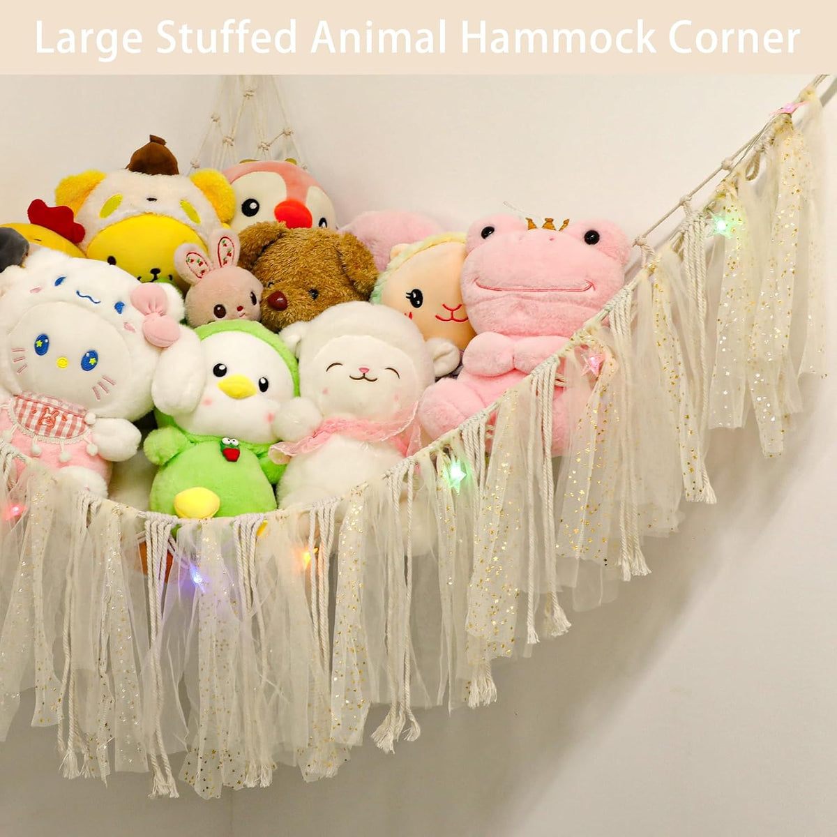 Stuffed Animal Hammock with LED Lights - 59 Inch Large Toy Storage Net for Kids Bedroom, Wall-Mounted Plush Organizer with Wooden Rings, Nursery Decor (Handwoven, Blue)