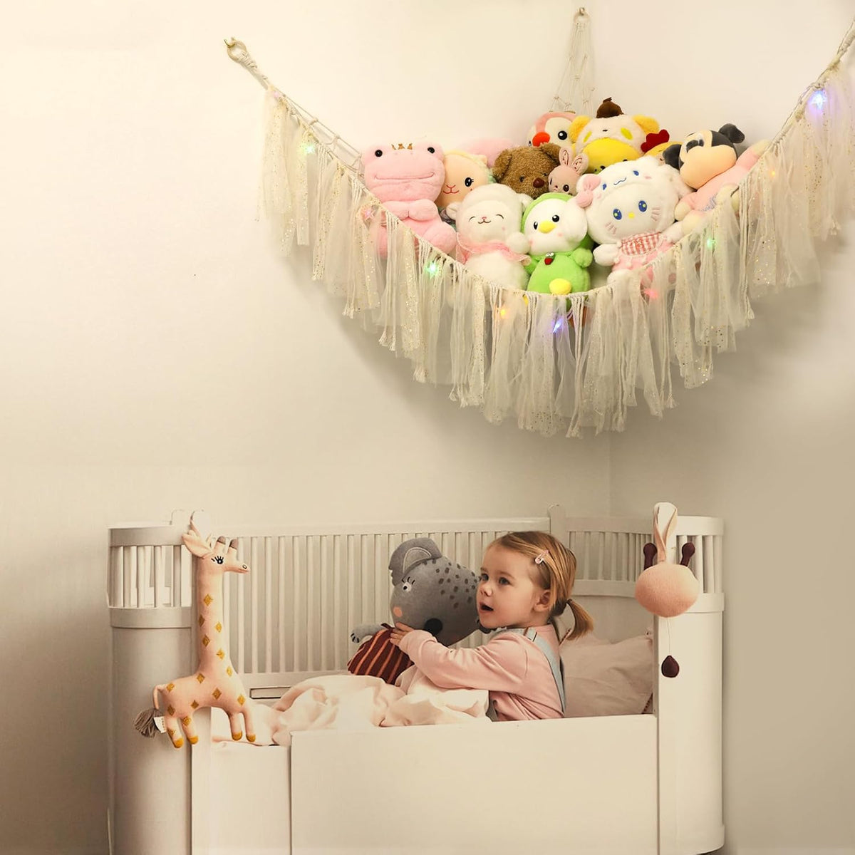 Stuffed Animal Hammock with LED Lights - 59 Inch Large Toy Storage Net for Kids Bedroom, Wall-Mounted Plush Organizer with Wooden Rings, Nursery Decor (Handwoven, Blue)