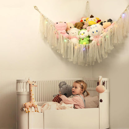 Stuffed Animal Hammock with LED Lights - 59 Inch Large Toy Storage Net for Kids Bedroom, Wall-Mounted Plush Organizer with Wooden Rings, Nursery Decor (Handwoven, Blue)