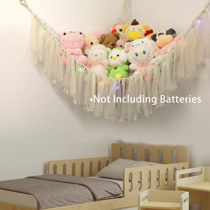 Stuffed Animal Hammock with LED Lights - 59 Inch Large Toy Storage Net for Kids Bedroom, Wall-Mounted Plush Organizer with Wooden Rings, Nursery Decor (Handwoven, Blue)