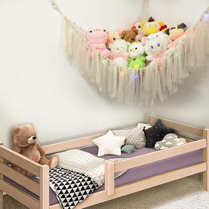 Stuffed Animal Hammock with LED Lights - 59 Inch Large Toy Storage Net for Kids Bedroom, Wall-Mounted Plush Organizer with Wooden Rings, Nursery Decor (Handwoven, Blue)