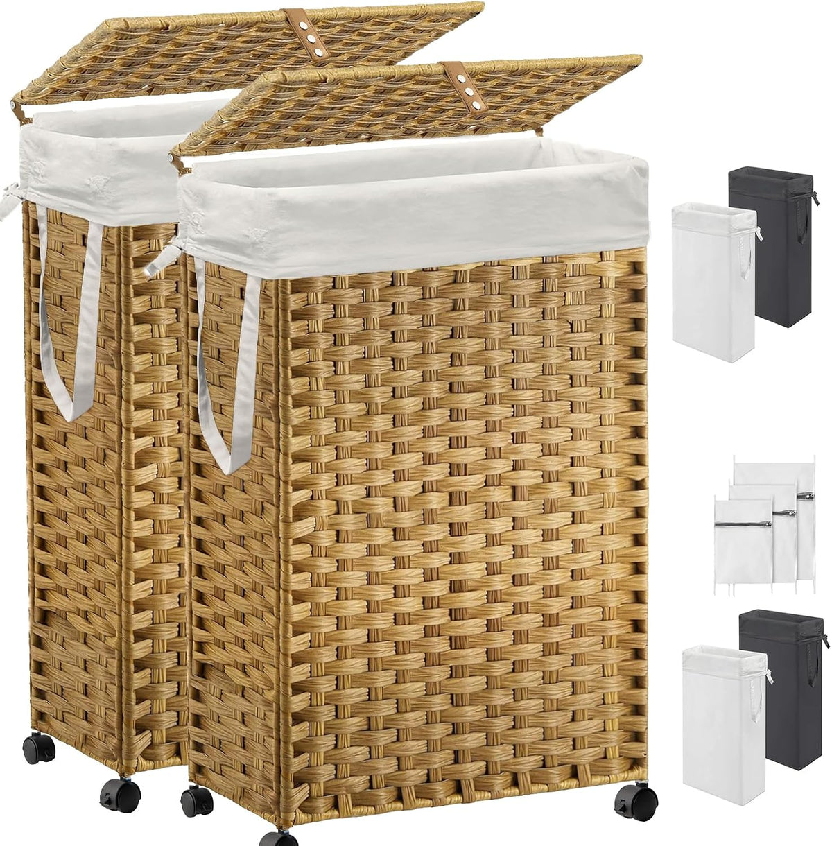 70L Slim Laundry Hamper with Lid & Wheels, Rolling Laundry Basket with 2 Removable Liner Bags & 3 Mesh Bags, Narrow Dirty Clothes Basket, Foldable Handwoven Rattan Laundry Sorter, Brown