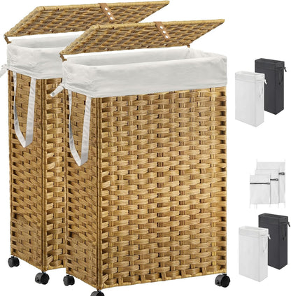 70L Slim Laundry Hamper with Lid & Wheels, Rolling Laundry Basket with 2 Removable Liner Bags & 3 Mesh Bags, Narrow Dirty Clothes Basket, Foldable Handwoven Rattan Laundry Sorter, Brown