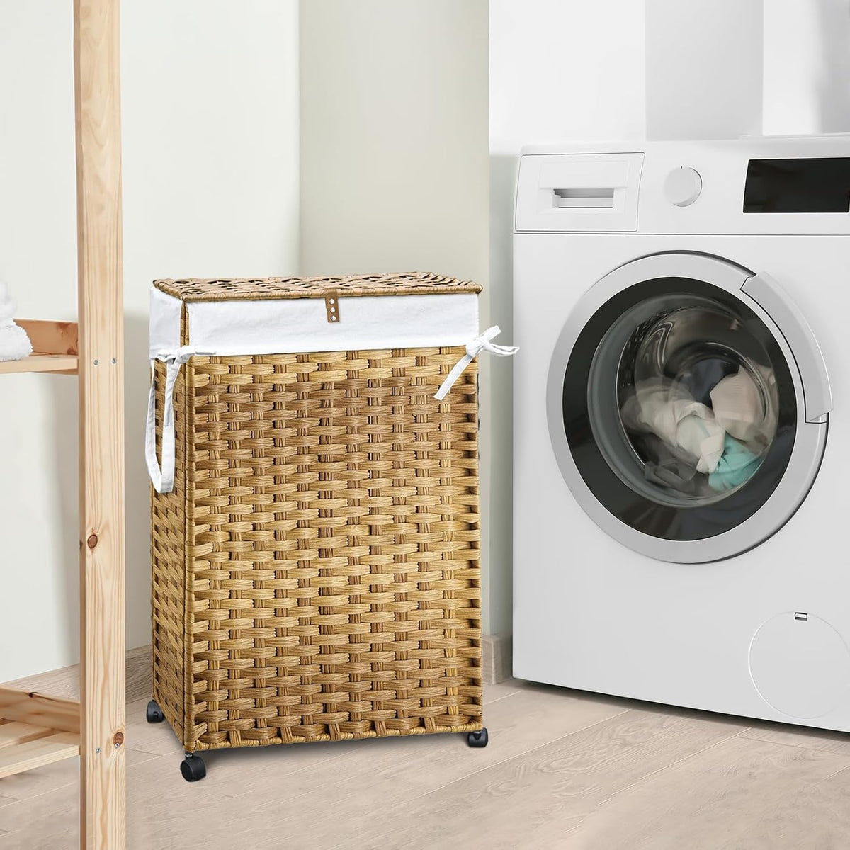 70L Slim Laundry Hamper with Lid & Wheels, Rolling Laundry Basket with 2 Removable Liner Bags & 3 Mesh Bags, Narrow Dirty Clothes Basket, Foldable Handwoven Rattan Laundry Sorter, Brown